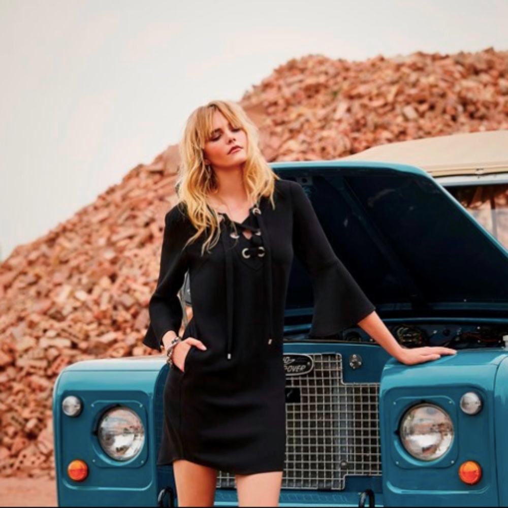 Little Black Sheath Dress Lace up Neck Bell Sleeve